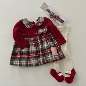 Shabby Chic 3-6 Months Baby Girl Red Plaid Dress Tights Headband Set Outfit